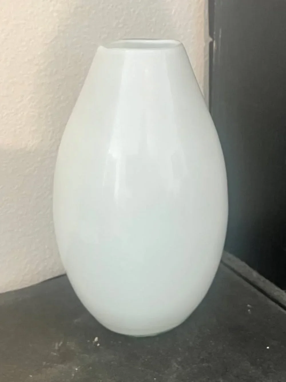 Vintage Hand Blown White Cased art Glass vase with Blue, Black and Green stripes